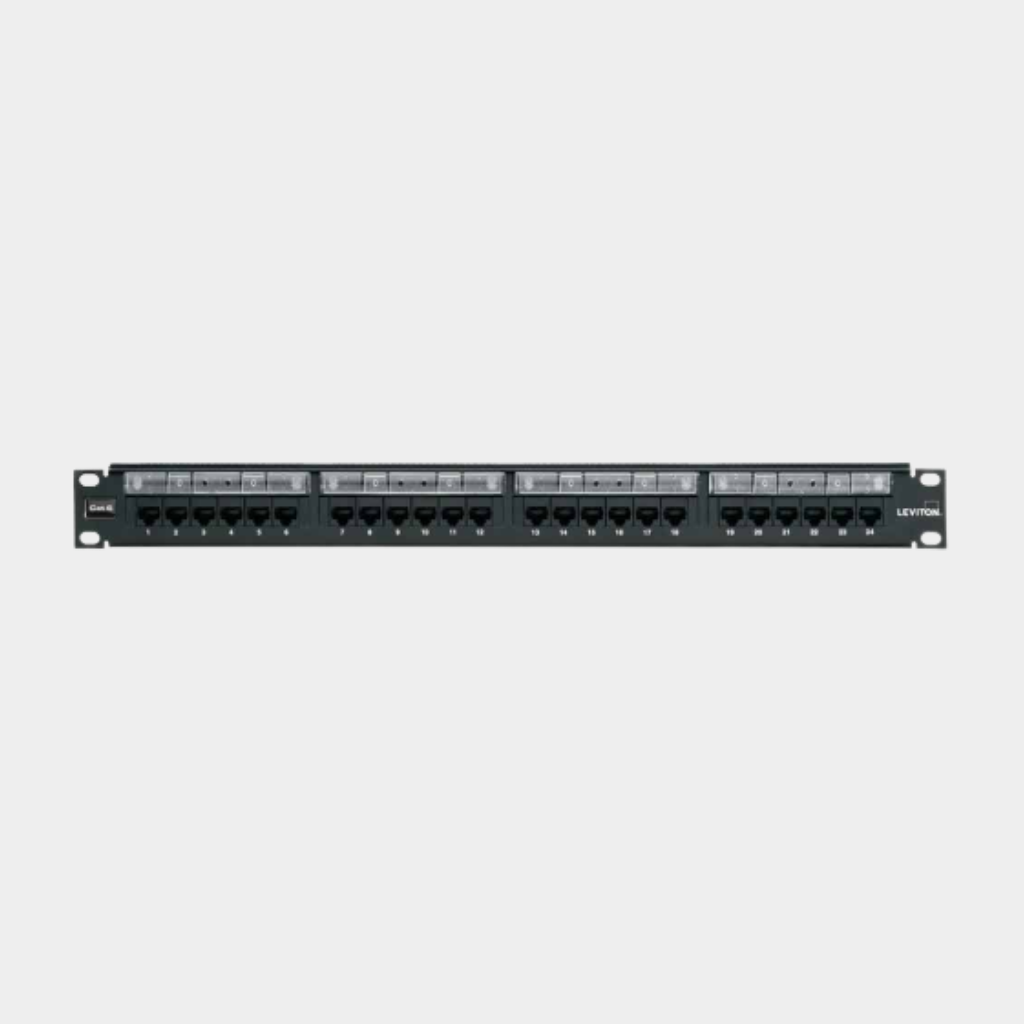 Leviton Cat6 Flat 110-Style Patch Panel, 24-Port, 1RU, Cable management bar included, Loaded (69586-U24) I CAT 6 Patch Panel I InfoBahn
